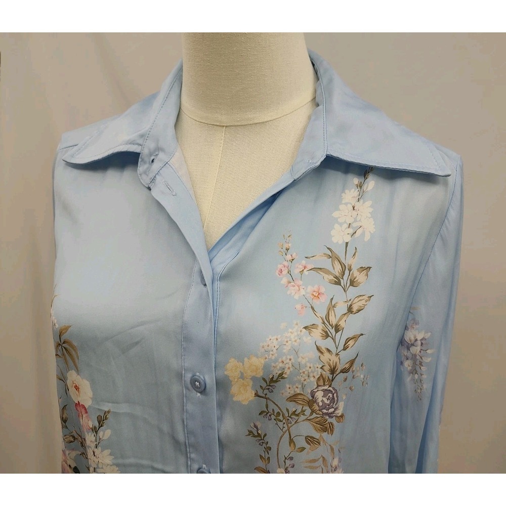 Rachel Zoe Blouse Button Up Shirt Silky Blue Lavish Floral Parrot Glam Print S - Picture 2 of 7